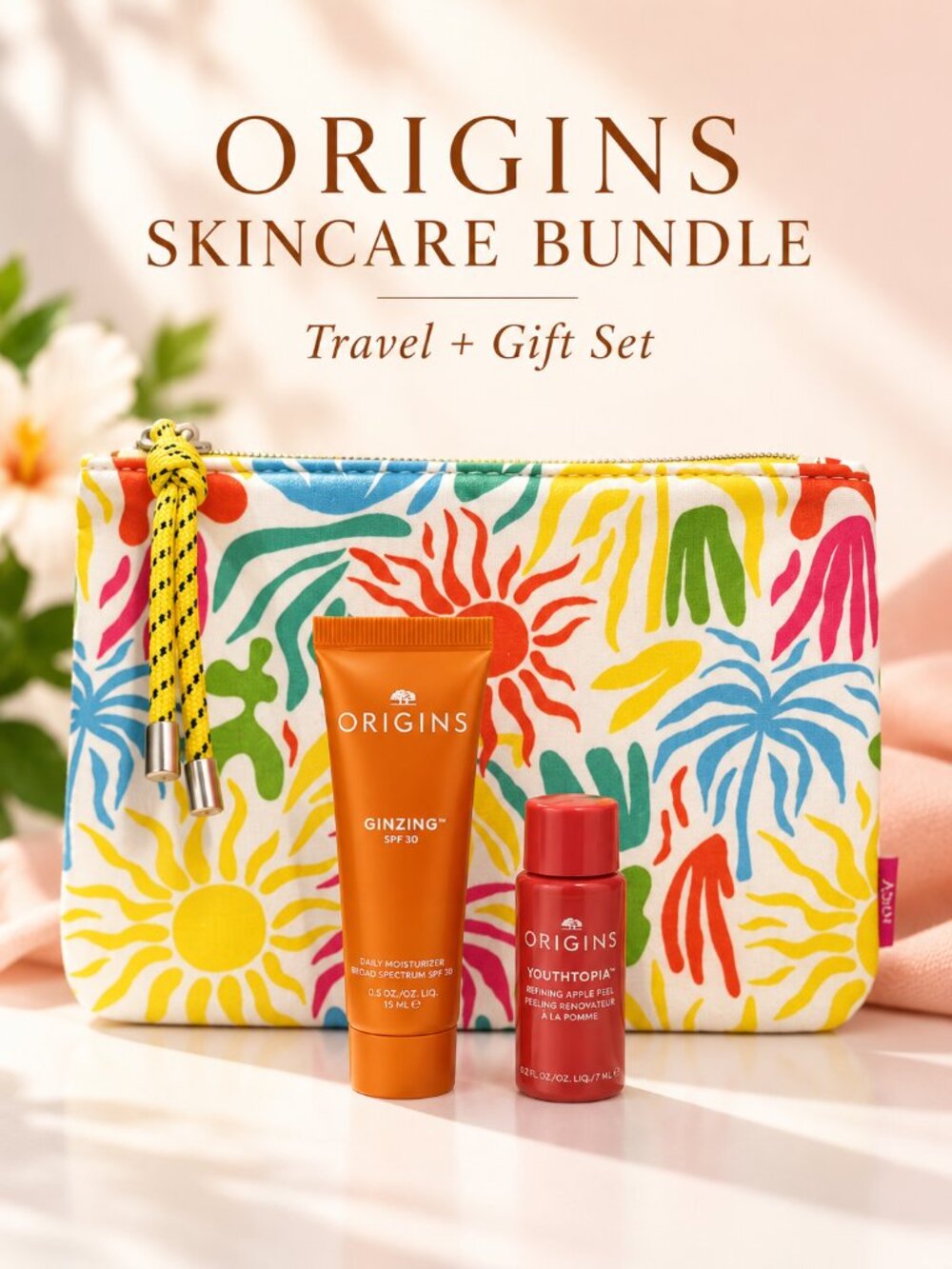 Origins GinZing SPF 30 Moisturizer Youthtopia Apple Peel Travel Pouch Bundle